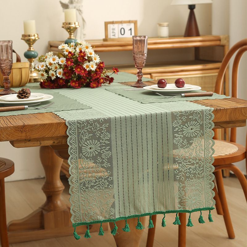 Green Floral Table Runner - Rustic Farmhouse Style With Tassels For Dining & Coffee Tables (150x40cm Decor Washable Cotton Indoor/Outdoor Use)​_voghion.com