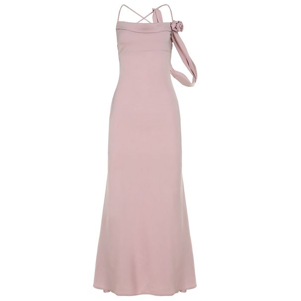 2024 New Solid Color Large Backless Gentle Temperament Swinging Collar Satin Suspender Dress Female Sexy Hip Hugging_voghion.com