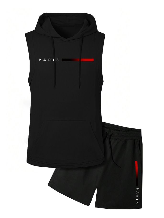 Men's Summer Hooded Vest And Shorts Set With Stylish Contrasting Letter Print_voghion.com