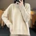 Damenbekleidung: Strickpullover mit Saum – Weiche Schafwollmischung, Pullover mit hohem Halsausschnitt, lässige, lockere Passform, einfarbiges Oberteil (Weiß, Beige, Khaki, Grau, Schwarz)_voghion.com