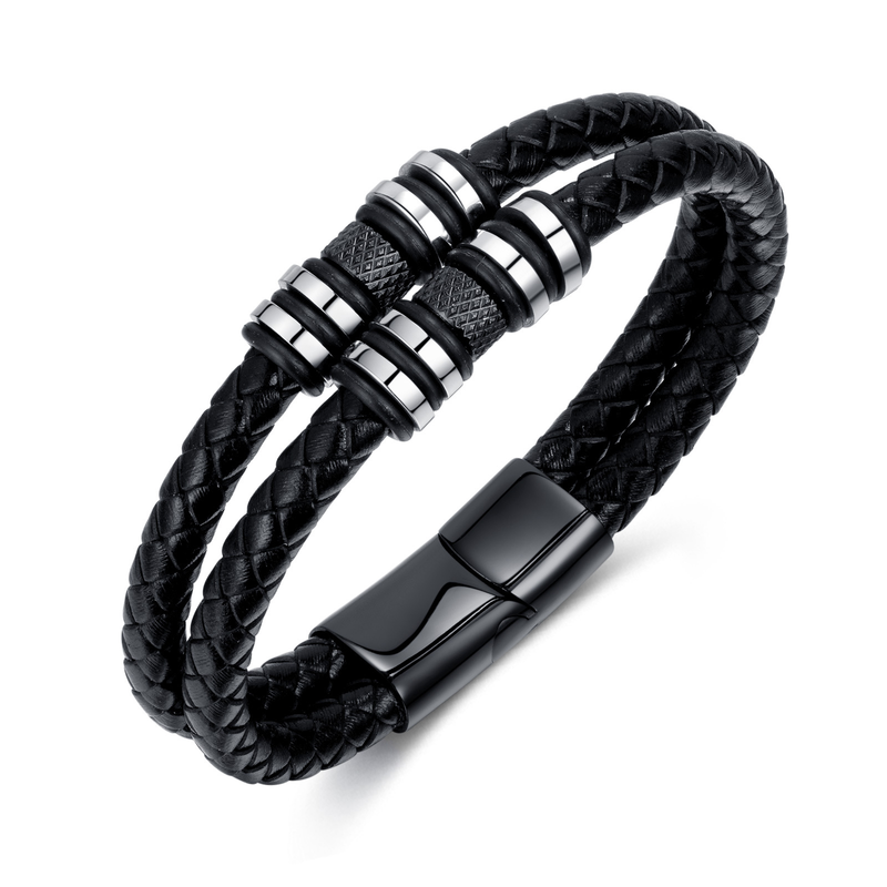 Bracciale con cordino in pelle intrecciata nera fatta a mano. Personalità da uomo_voghion.com