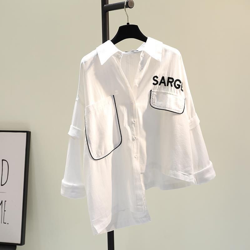 Clothing White Embroidered Letters Irregular Cotton Linen Women's Spring And Summer New Version Loose Casual Shirt Tops_voghion.com