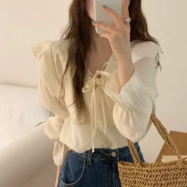 Korean Chic 2024 Spring/Summer New Style Loose Fungal Edge Strap Gentle and Sweet Temperament Purple Top Shirt_voghion.com