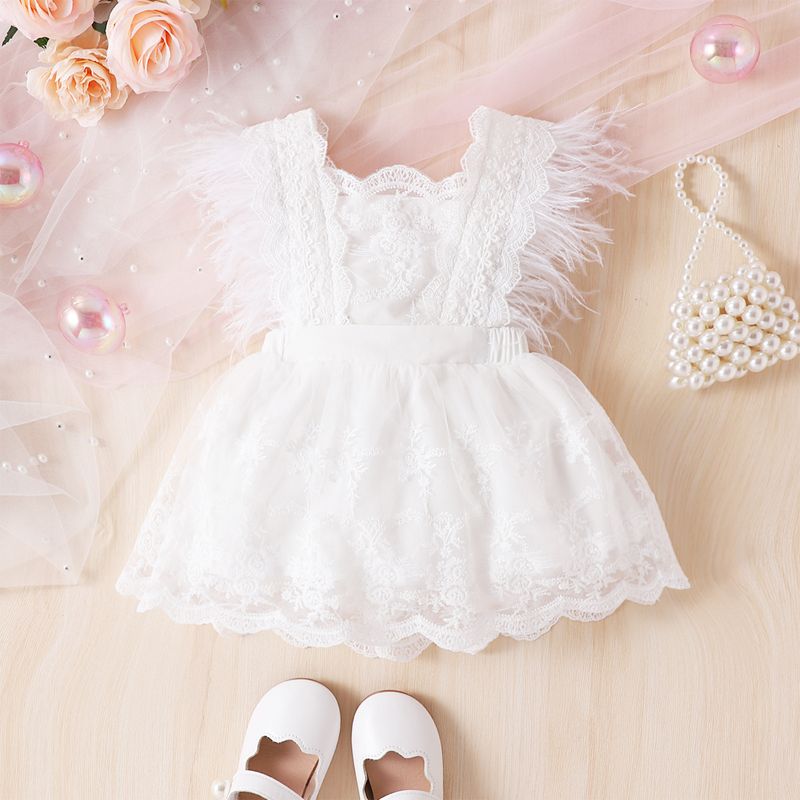 Roupas de bebê meninas super fada renda manga voadora pena vestido de princesa de uma peça em três cores_voghion.com