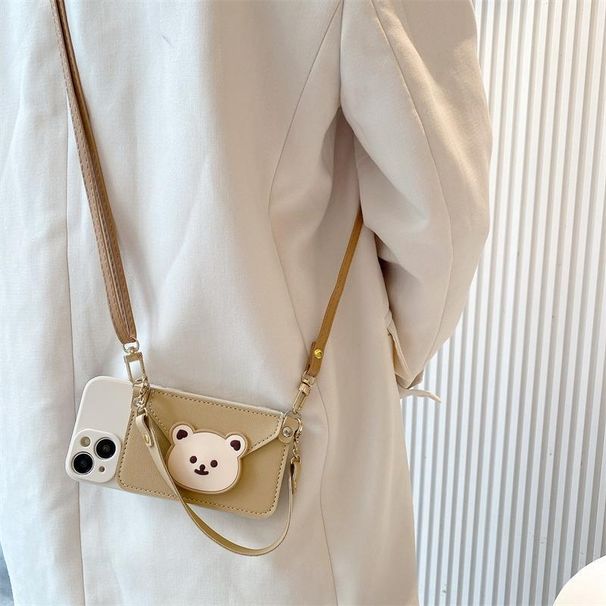 Light Coffee Heart Bear For IPhone 17/16 Pro 13 Phone Case 12 Backable 11 Crossbody Strap_voghion.com