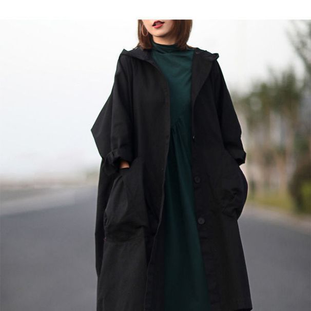 Frühling Neue Dicke Schwester Große Größe Mantel Koreanischen Stil Elegante Kunst Mittel Lange Damen Knopf Mit Kapuze Windjacke_voghion.com