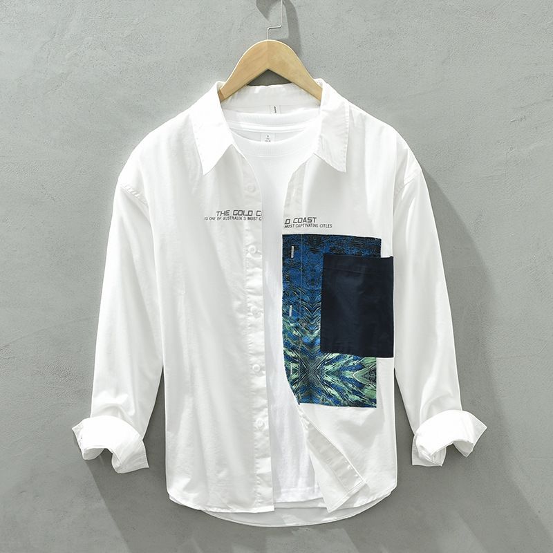 Personalized Printed Patchwork Casual Long Sleeved Shirt For Men, Retro Artistic Loose Shirt_voghion.com