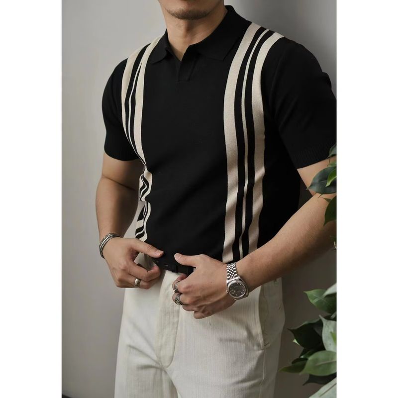 Polo ligero de estilo maduro para hombre, camiseta ajustada de alta gama en blanco y negro a juego con temperamento de verano de seda helada con solapa de punto._voghion.com