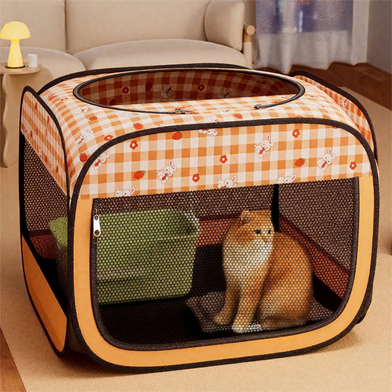 A Foldable Cat Bed With 0range Checked Prints. The Cat Maternity Ward Features Multi - Sided Visible And Breathable Grid_voghion.com