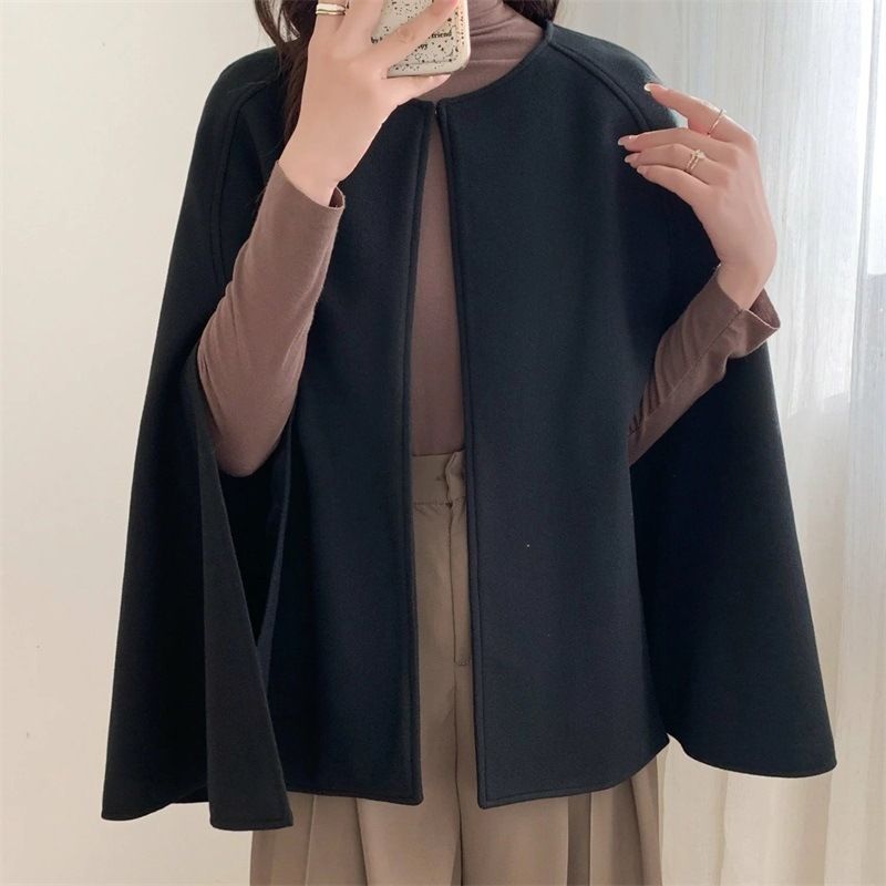 Cappotto autunnale e invernale coreano giapponese 2024 tinta unita, mantello, scialle di lana con scollo rotondo esterno, 4 colori da donna_voghion.com