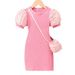Mutter & Kinder Mädchen Kleid Leuchtend Rosa Puffärmel Mode Kleid_voghion.com
