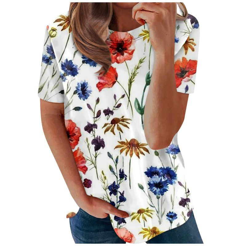 Vêtements pour femmes, nouvelle chemise à col rond, manches courtes, imprimé lettre 3, vêtements décontractés à imprimé floral_voghion.com