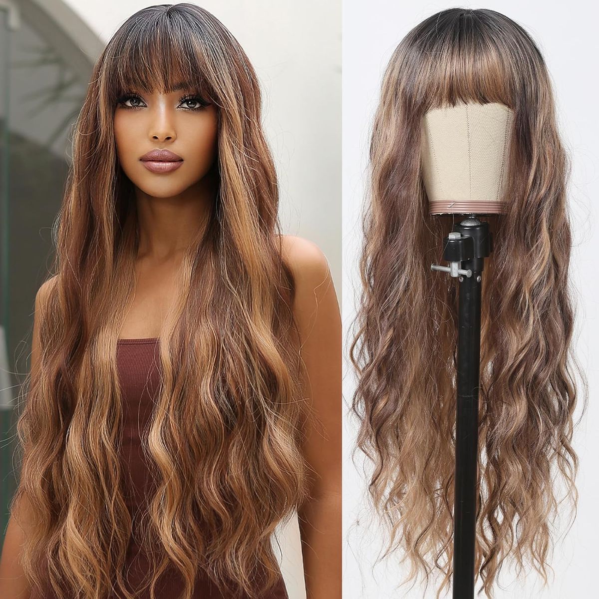 Auburn Wig For Women Reddish Brown Long Wavy Wig With Bangs Copper Red Cosplay Wig Natural Glueless Synthetic Curly Red Wig For Daily Party Use Soft_voghion.com