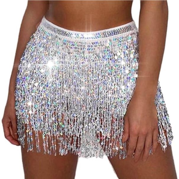 Costume di Halloween per danza del ventre, nuova cintura con nappe a quattro strati di paillettes, sciarpa per fianchi, gonna a mezza lunghezza_voghion.com