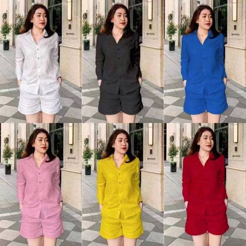 Women's spring and autumn large size loose temperament leisure style age-reducing fashion cotton and linen solid color shirt suit_voghion.com