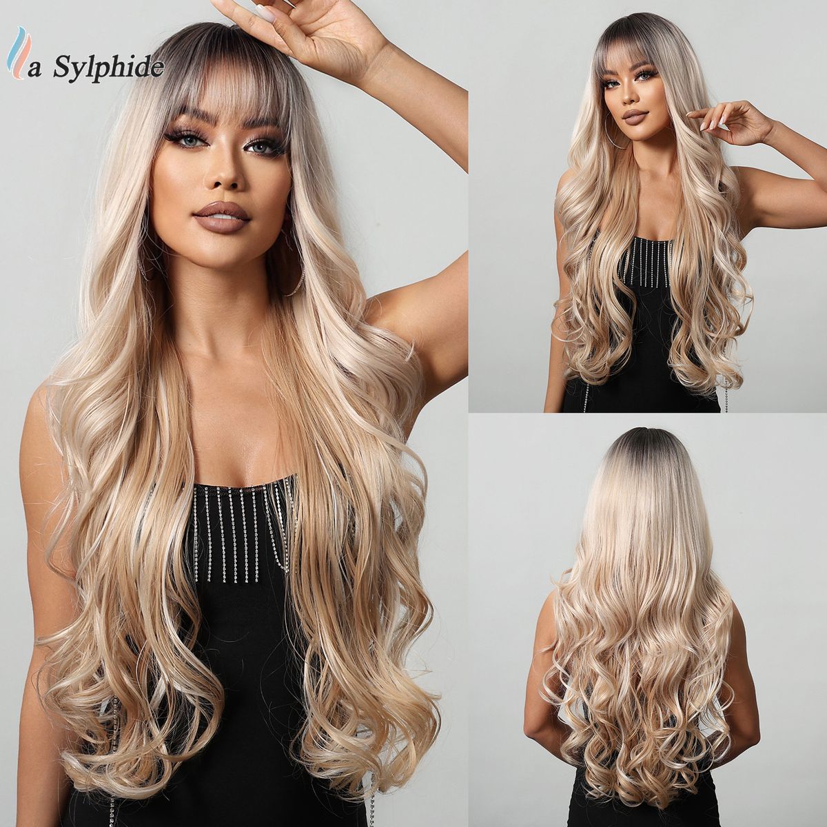 Haarverlängerungen Perücken Big Wave Pony Langes lockiges Haar Platin Gradient Simulation Atmosphäre Chemiefaser Perücke Weiblich_voghion.com