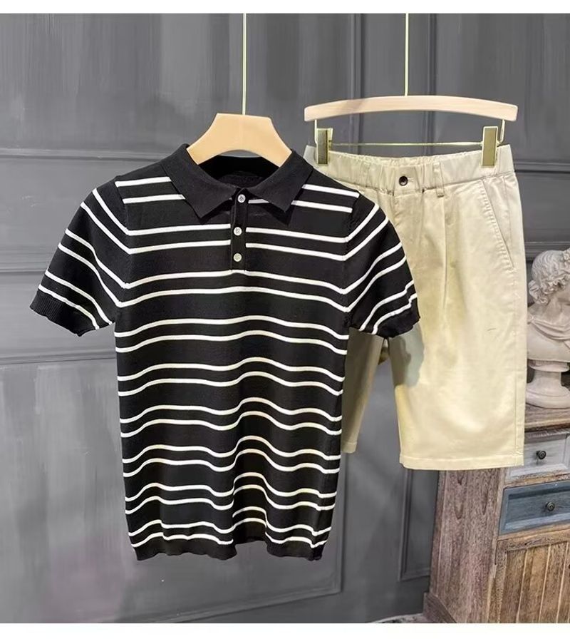 Men's Clothing Striped polo shirt men's summer all match casual black and white striped T shirt half sleeved thin knitted sweater lapel T shirt men_voghion.com