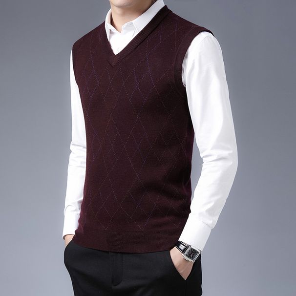 Men's Wool Blend V-Neck Sleeveless Sweater Vest - Plaid & Camouflage Pattern, Slim Fit, Casual Pullover For Autumn_voghion.com