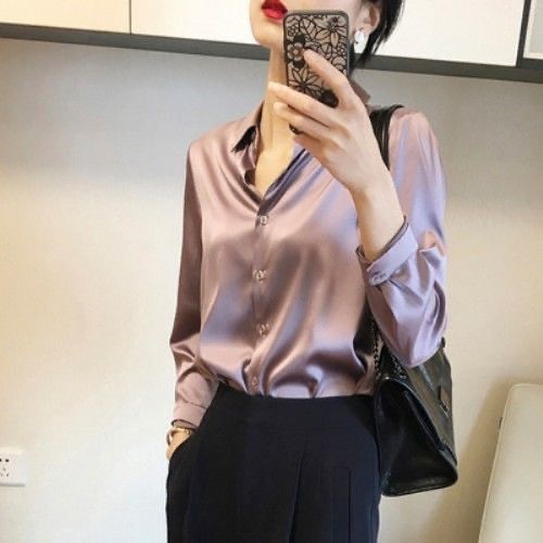 Elegante Satinbluse für Damen – Locker sitzendes Langarmshirt mit Vintage-Flair, atmungsaktives Polyester, Büro- und Freizeitkleidung_voghion.com