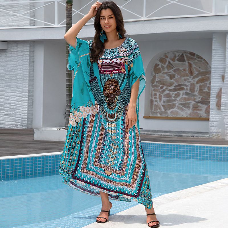 Printed Cotton Maxi Beach Dress – Flowy Swim Cover-Up, Sun Protective Resort Wear With Bohemian Style_voghion.com