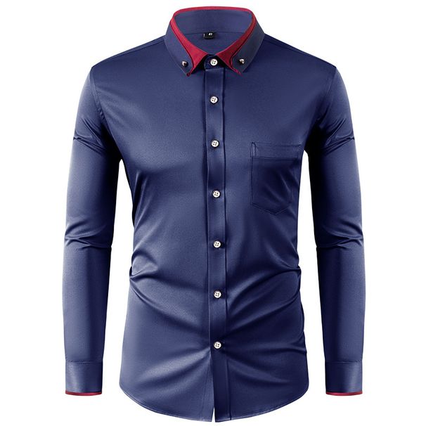 Herrenbekleidung Vier-Wege-Stretchhemd Herren farblich passender Kragen Diamantknopf Langarmhemd Business Casual Herrenhemd Außenhandel_voghion.com