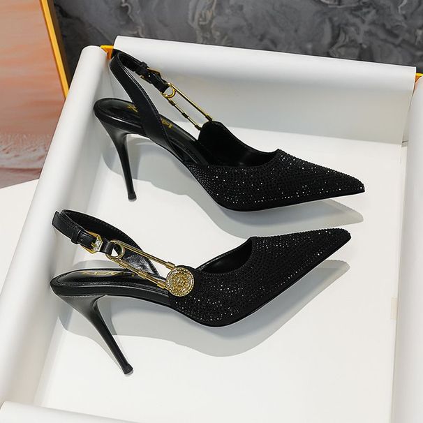 p7Summer New Baotou Sandals Women's Rhinestone Pointed Toe Shoes Temperament Lady High Heels Black Half Slippers_voghion.com