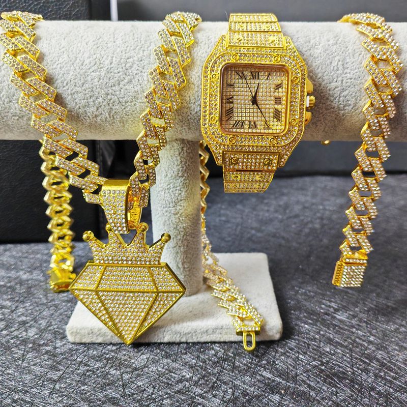 Orologio con ciondolo a forma di diamante in stile hip hop, orologio con catena cubana, collana e orologio con display LCD._voghion.com