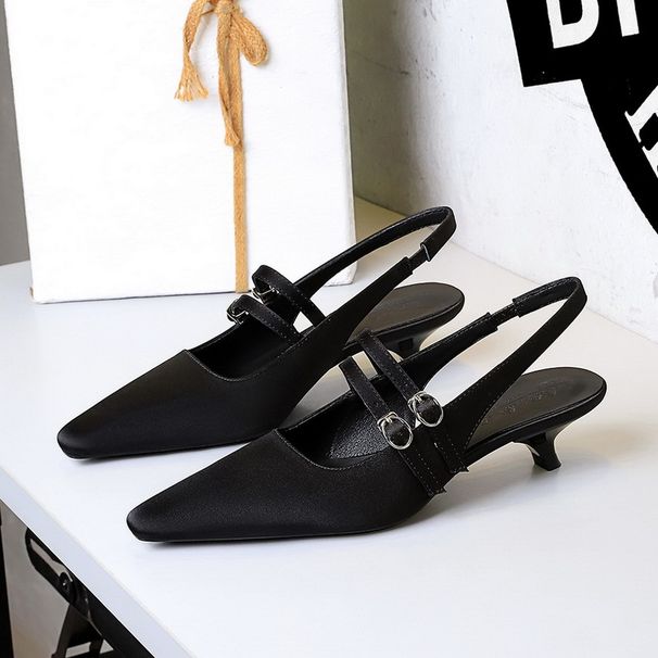Pointed One-word Strap Empty Shoes Rear Strap Low-heeled Single Shoes Light-mouth Wine Glass And Satin Women's Shoes_voghion.com