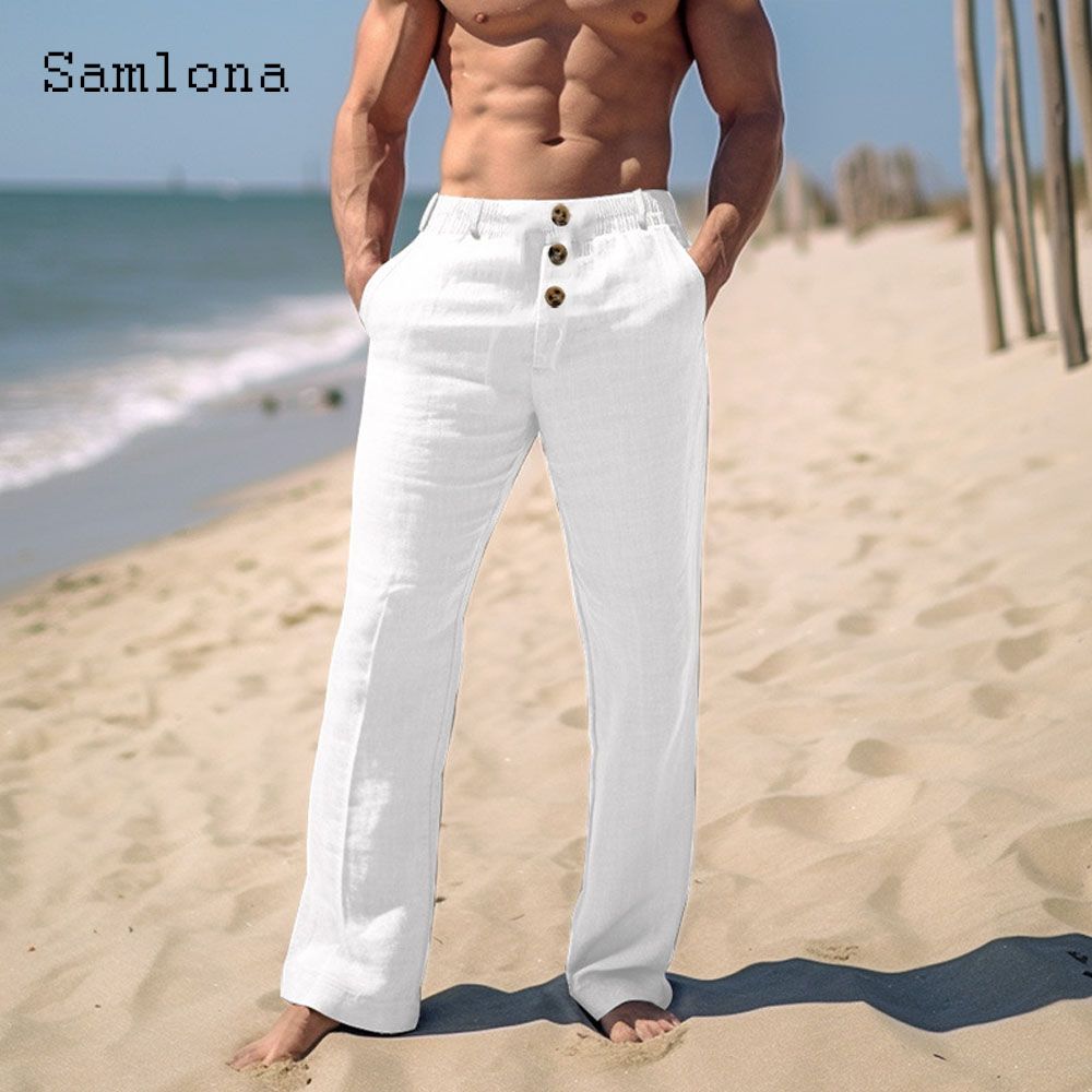 2024 Men Elegant Triple Buttons Cotton Linen Pants Solid White Full-Length Trouser Plus Size Mens Casual Drawstring_voghion.com