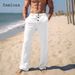 2024 Men Elegant Triple Buttons Cotton Linen Pants Solid White Full-Length Trouser Plus Size Mens Casual Drawstring_voghion.com