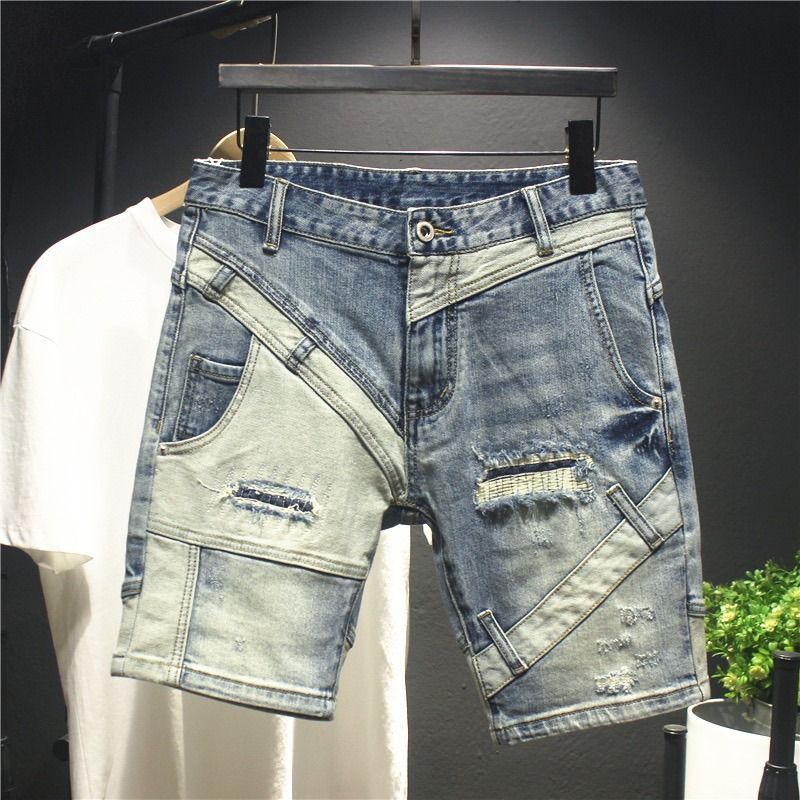 2025 Summer New Patchwork Color Block Denim Shorts Men's Distressed Fashion High Street Slim Fit Stretch Five-Point_voghion.com