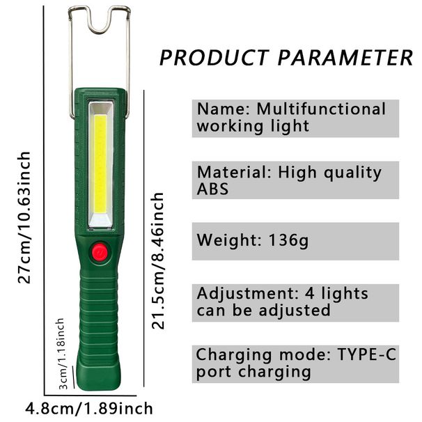 Lanternă de lucru portabilă multifuncțională, reîncărcabilă prin USB, cu cârlig magnetic puternic, lumină de întreținere auto_voghion.com