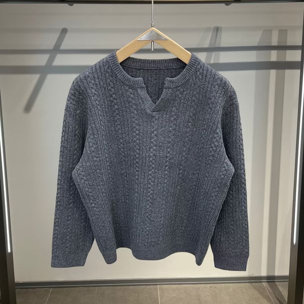 Men's Casual Chunky Knit Sweater With V-Neck, Cable Stitch Design, Loose Fit, Warm & Stylish For Autumn Winter_voghion.com