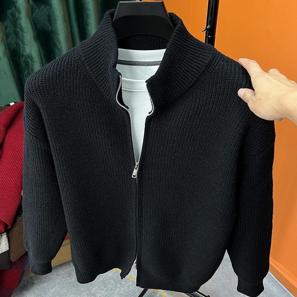 Cardigan masculino slim fit com zíper duplo – suéter de malha com gola alta (preto/vermelho/cinza/damasco, M-3XL)_voghion.com
