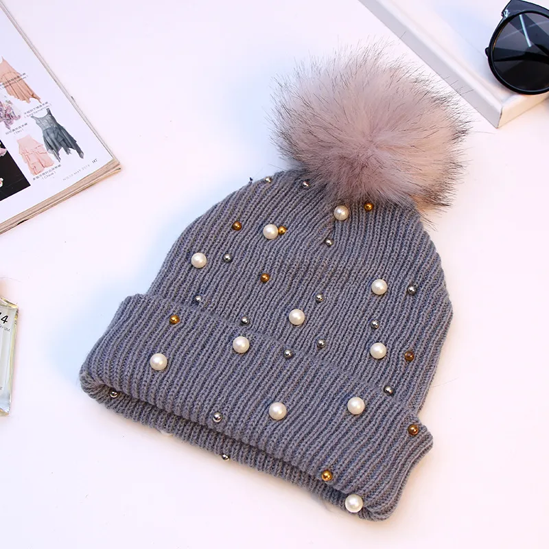 2021 Women Winter Fashion Hat Pompom Balls Cap Pearls Rhinestones Knitted Wool Beanie Casual Outdoor Warm Female_voghion.com