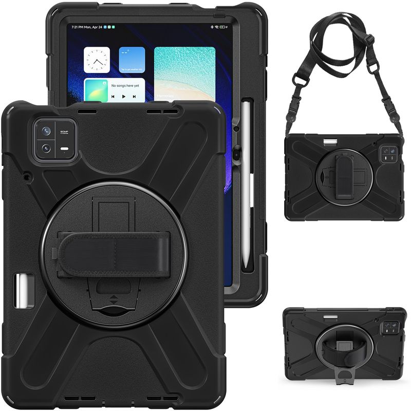 For Xiaomi Pad 6 / Pad 6 Pro Silicone Hybrid PC Tablet Case with Grip & Shoulder Strap(Black)_voghion.com