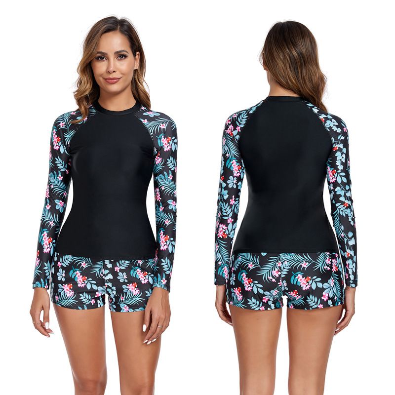 Women's Sexy Two-Piece Swimsuit - Floral Print Bikini Set With Zipper Top & Boyshort Bottom For Surfing​_voghion.com