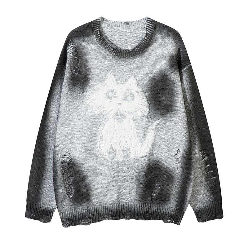 Herenkleding Ronde hals ontwerp Speelse kattenprint Distressed trui - Unisex oversized trui met artistiek spuitverf effect - Grijs/beige_voghion.com