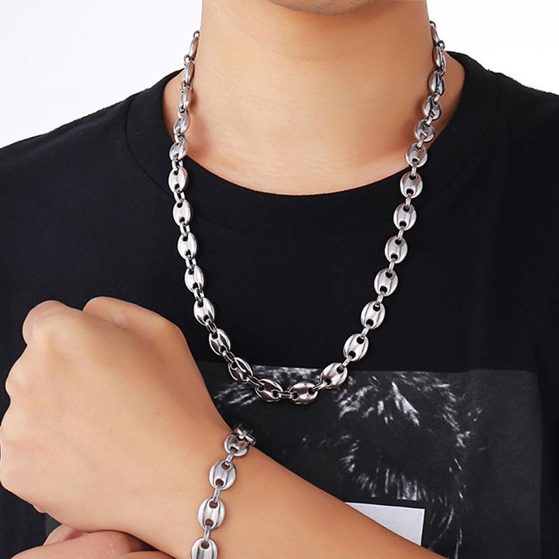 Collier en acier inoxydable avec grain de café, 11 mm x 60 cm, nez de cochon, chaîne en acier titane_voghion.com