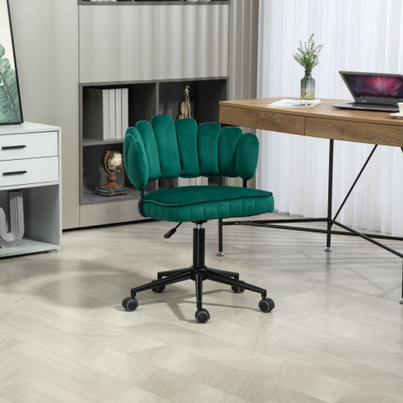 Samtweicher Bürostuhl, 360° Drehbar, One-Touch-Höhenverstellung, Hohlkreuz-Design, handgeflochtene Rückenlehne, Wohnzimmersessel mit stabilem Fußkreuz und 5 Rollen, ästhetisch einzigartig, Smaragd_voghion.com