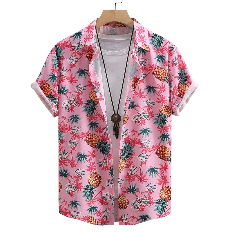 Herrenbekleidung Strand Casual Herrenbekleidung rosa Ananas-Print Herren Kurzarmhemd Herrenhemd Sommerurlaub 2024 neu grenzüberschreitend_voghion.com