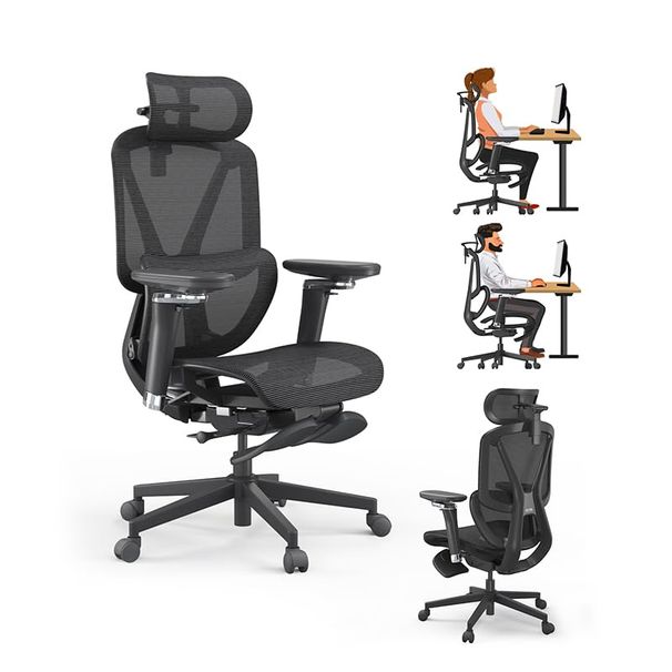 M2-MT Ergonomic Office Chair High Back Desk Chair With Large Elastic Adaptive Lumbar Support With Retractable Footrest 3D Headrest ARSS Armrest 135°Tilting Mesh Computer Chair BIFMA_voghion.com