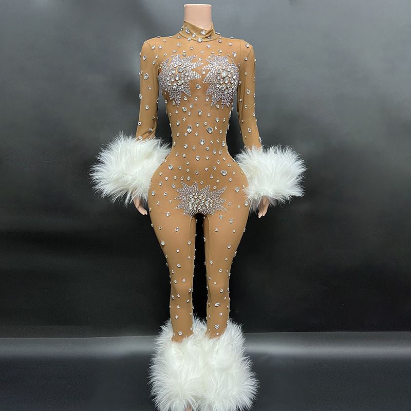 Sexy Personalized Fashion Week runway dress jumpsuit with plush design and mesh perspective_voghion.com