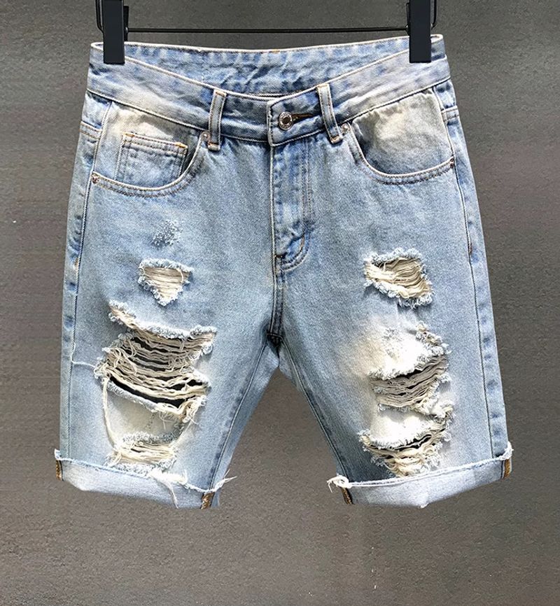 Vêtements pour hommes Short en jean à bords bruts et grands trous Pantalons mi-longs décontractés et polyvalents pour hommes Pantalons de mendiant_voghion.com