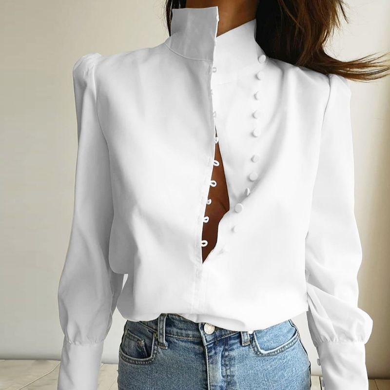 Camicia da donna a maniche lunghe con colletto alla coreana, camicia bianca professionale casual da pendolare_voghion.com