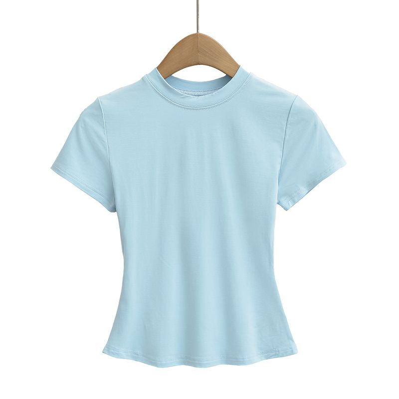 Maglietta basic da donna con scollo tondo e maniche corte, elasticizzata e sottile, a maniche corte, attillata ed elasticizzata_voghion.com