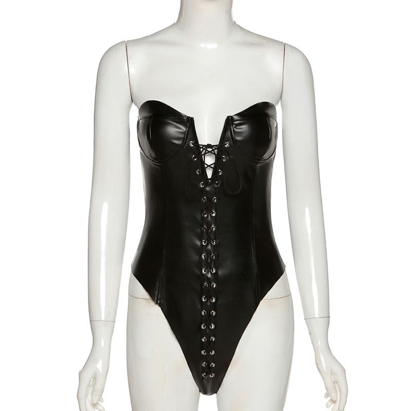 Women's fashion strapless backless corns strap PU slim-fit jumpsuit_voghion.com