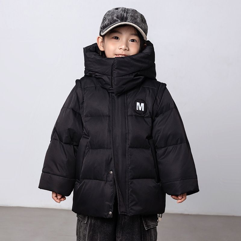 Boys' Winter Down Jacket - Short Hooded Coat With 55% White Duck Down (110-150cm, Black/Khaki/Beige/Grey)_voghion.com