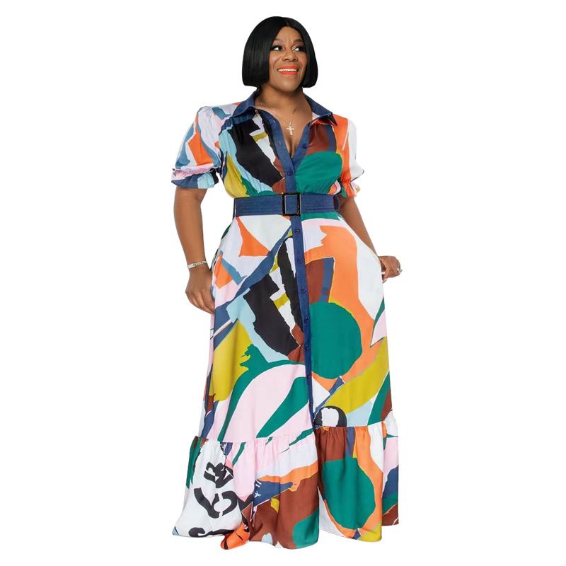 22297 Vestidos plus size femininos soltos com estampa colorida e cinto de verão_voghion.com