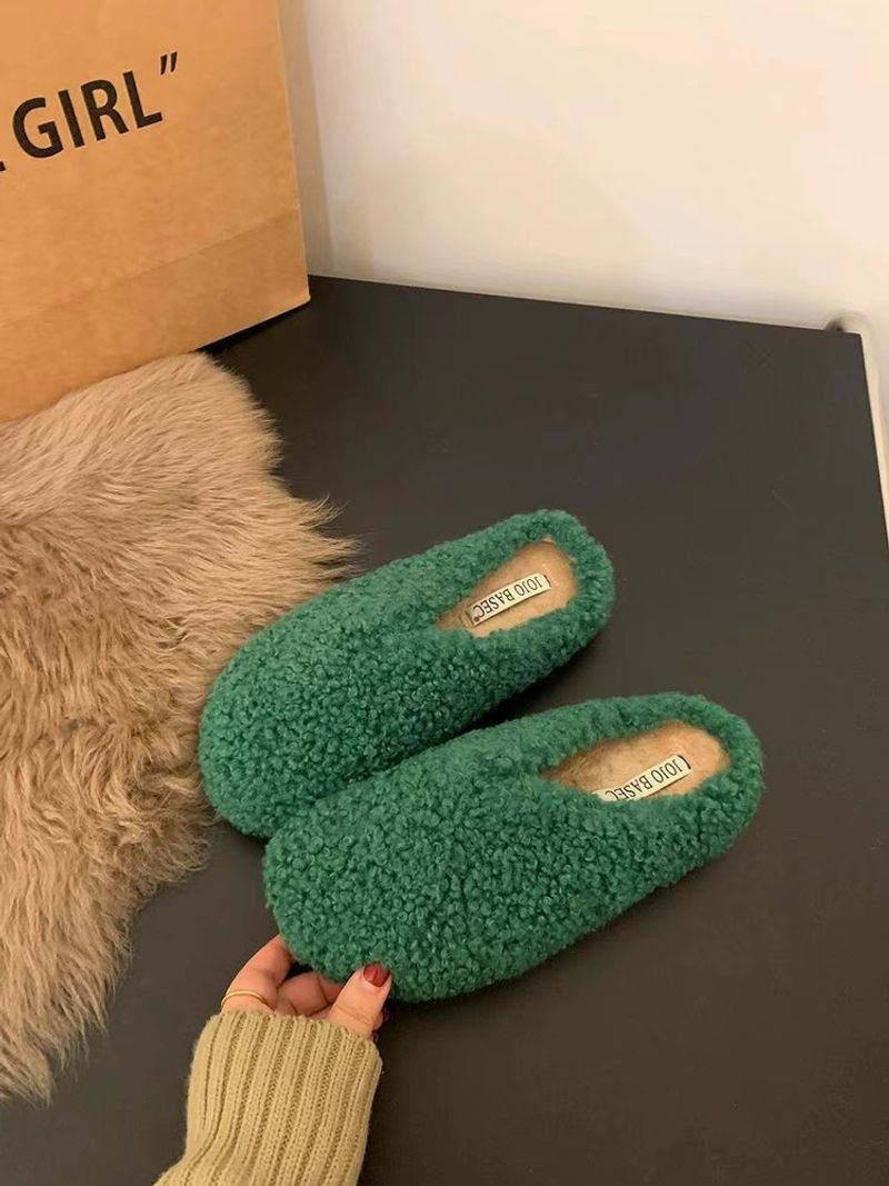 Women's Shoes Fur Slippers In The Autumn And Winter Of 2024, Fairy Style Closed Toe Half Slip Shoes, Plus Velvet Warm Flat Soled Mules_voghion.com